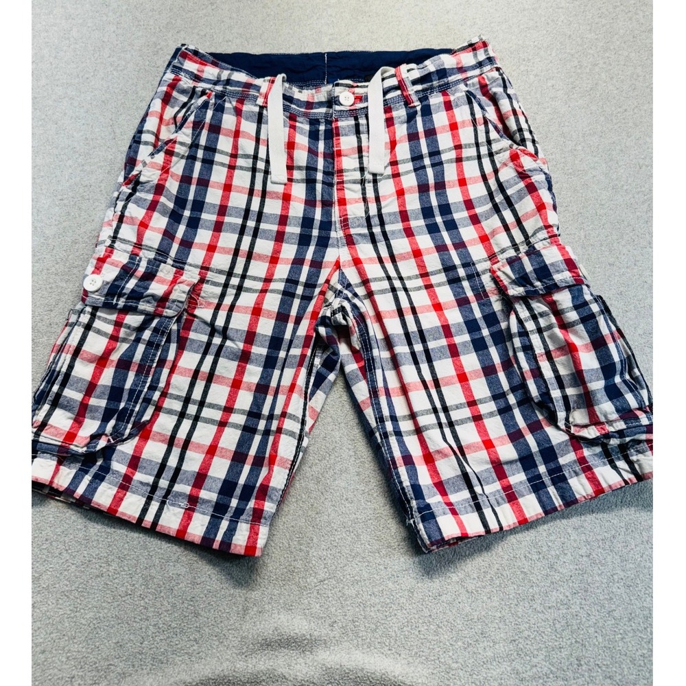 Divided H&M Cargo Shorts Mens 32 Red White Blue Plaid Drawstring Utility Summer